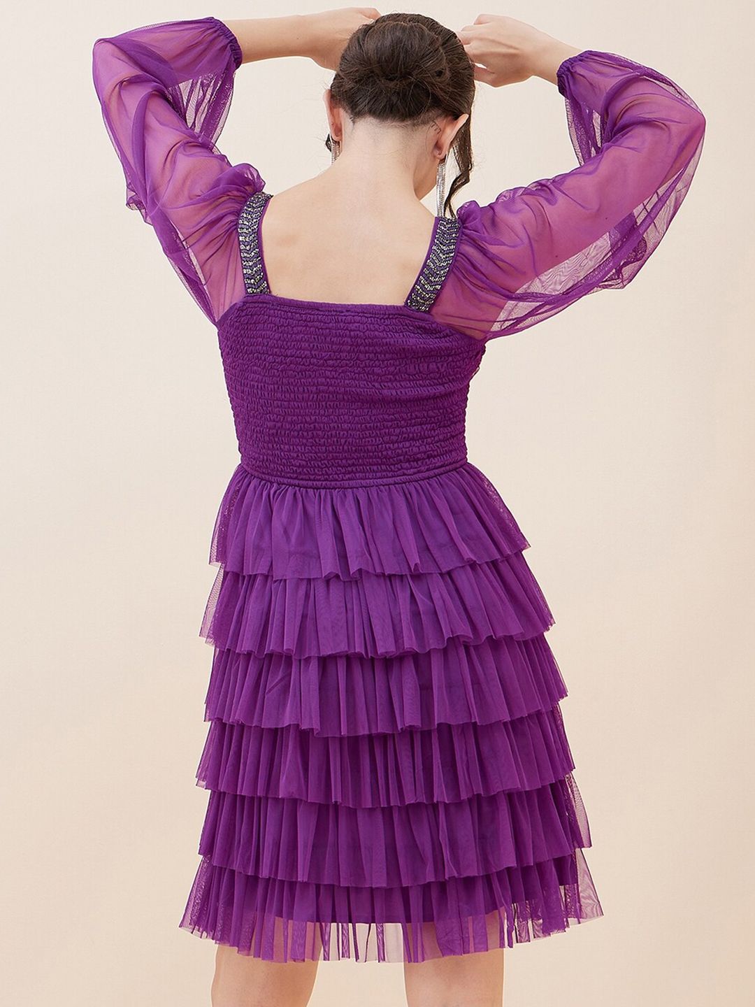 Antheaa Puff Sleeve Layered Net Fit & Flare Dress