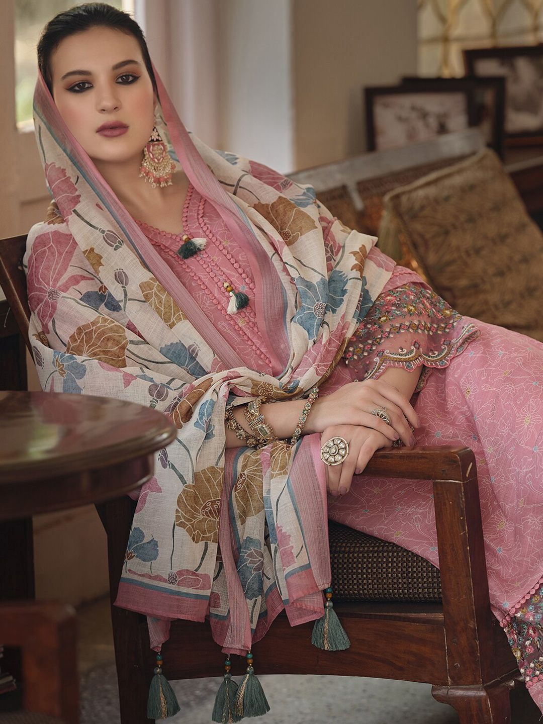 Indo Era Pink & Blue Floral Printed Thread Work Linen Kurta Set