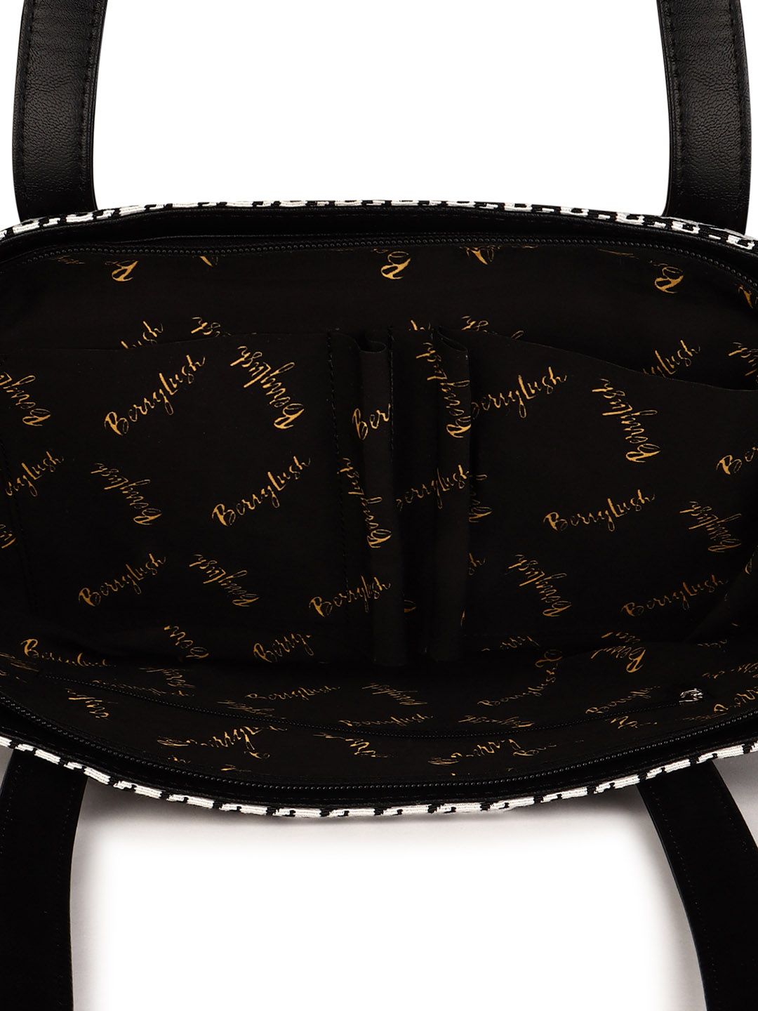Berrylush Black Self Design Shopper Tote Bag