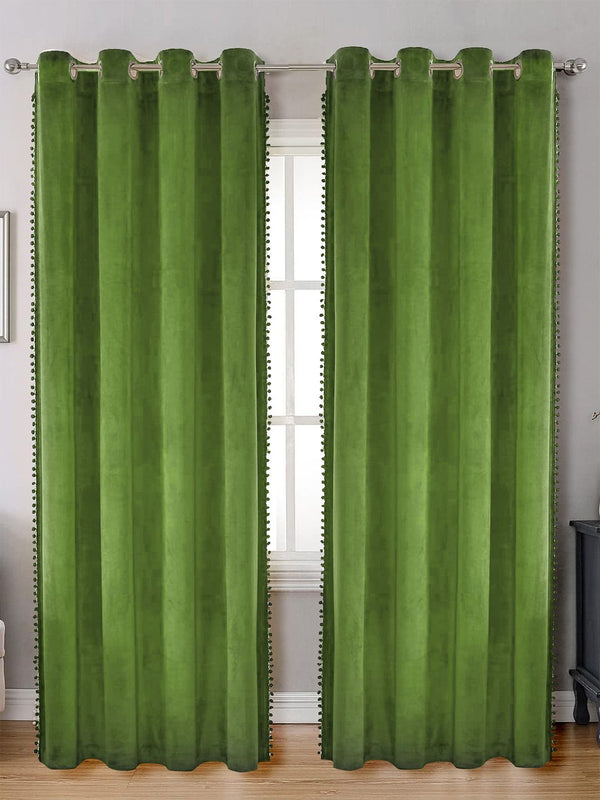 STITCHNEST Olive Green 2 Pieces Velvet  Black Out Door Curtains
