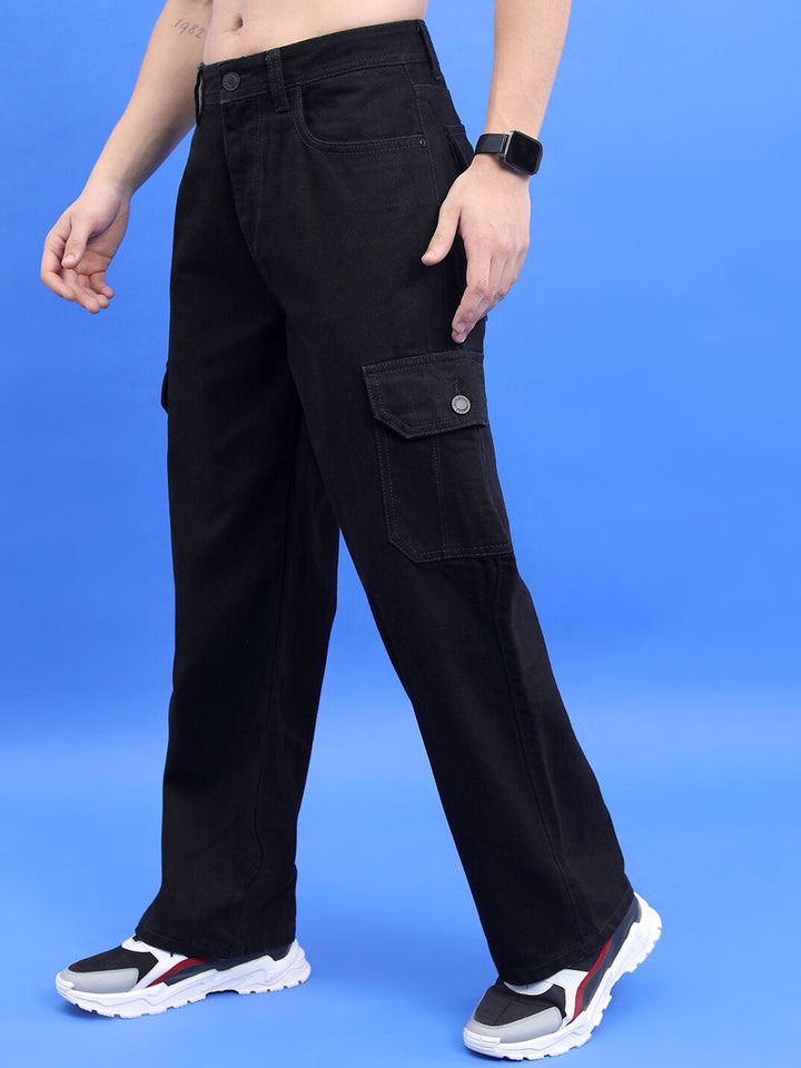 HIGHLANDER Men Black Wide Leg Clean Look Cargo Jeans