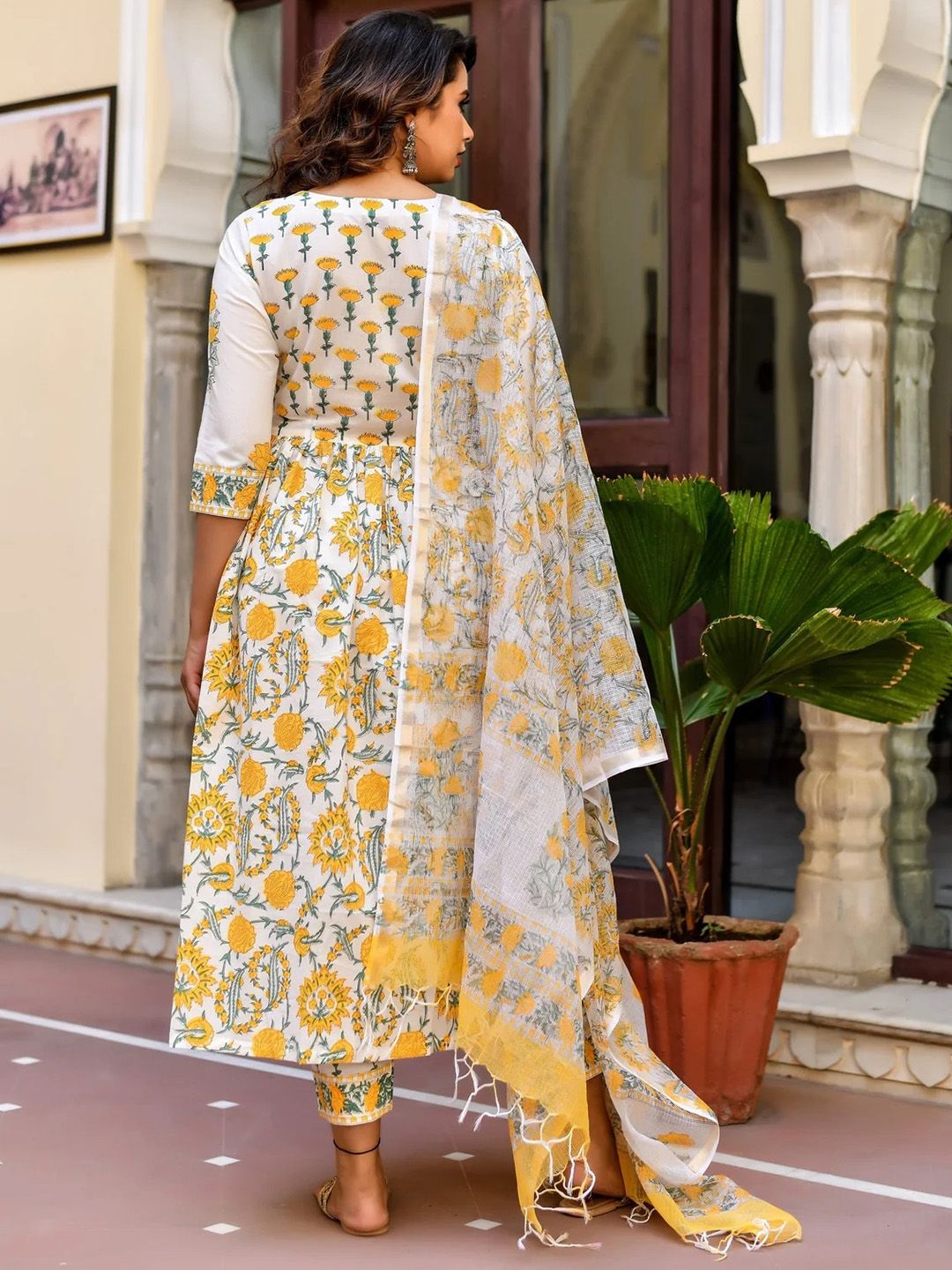 KALINI Floral Printed Empire Anarkali Kurta with Trousers & Dupatta