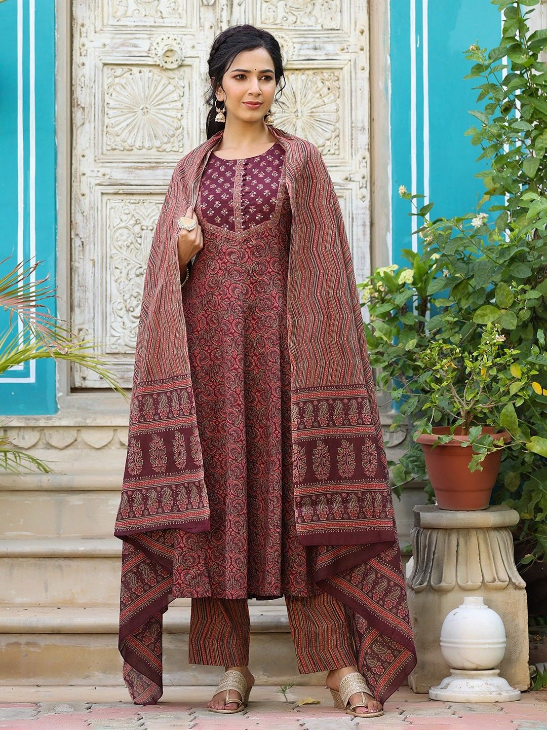 KALINI Ethnic Motifs Printed Empire Sequinned Kurta with Trousers & Dupatta