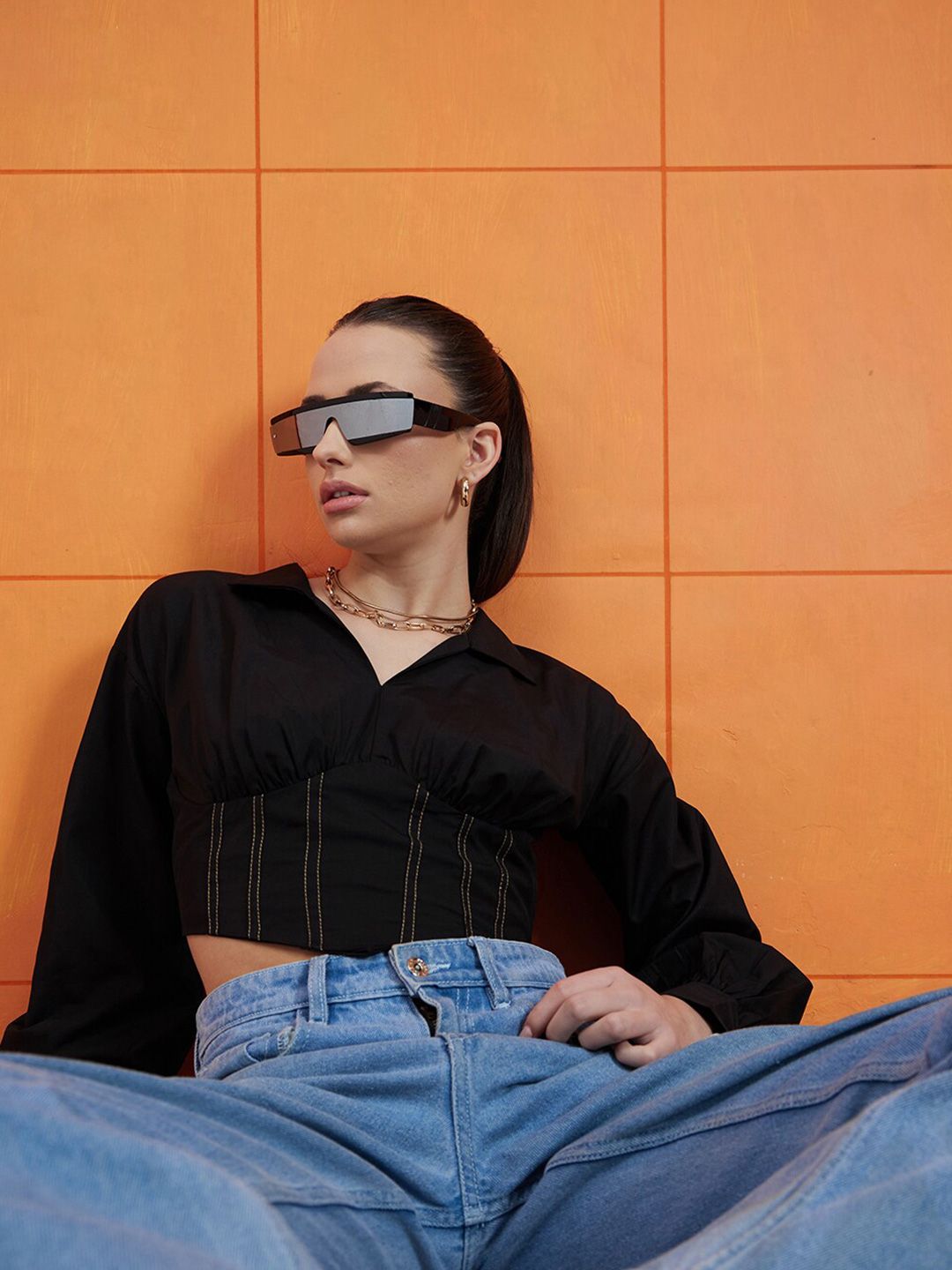 STREET 9 Black Shirt Collar Cuffed Sleeves Pure Cotton Crop Empire Top