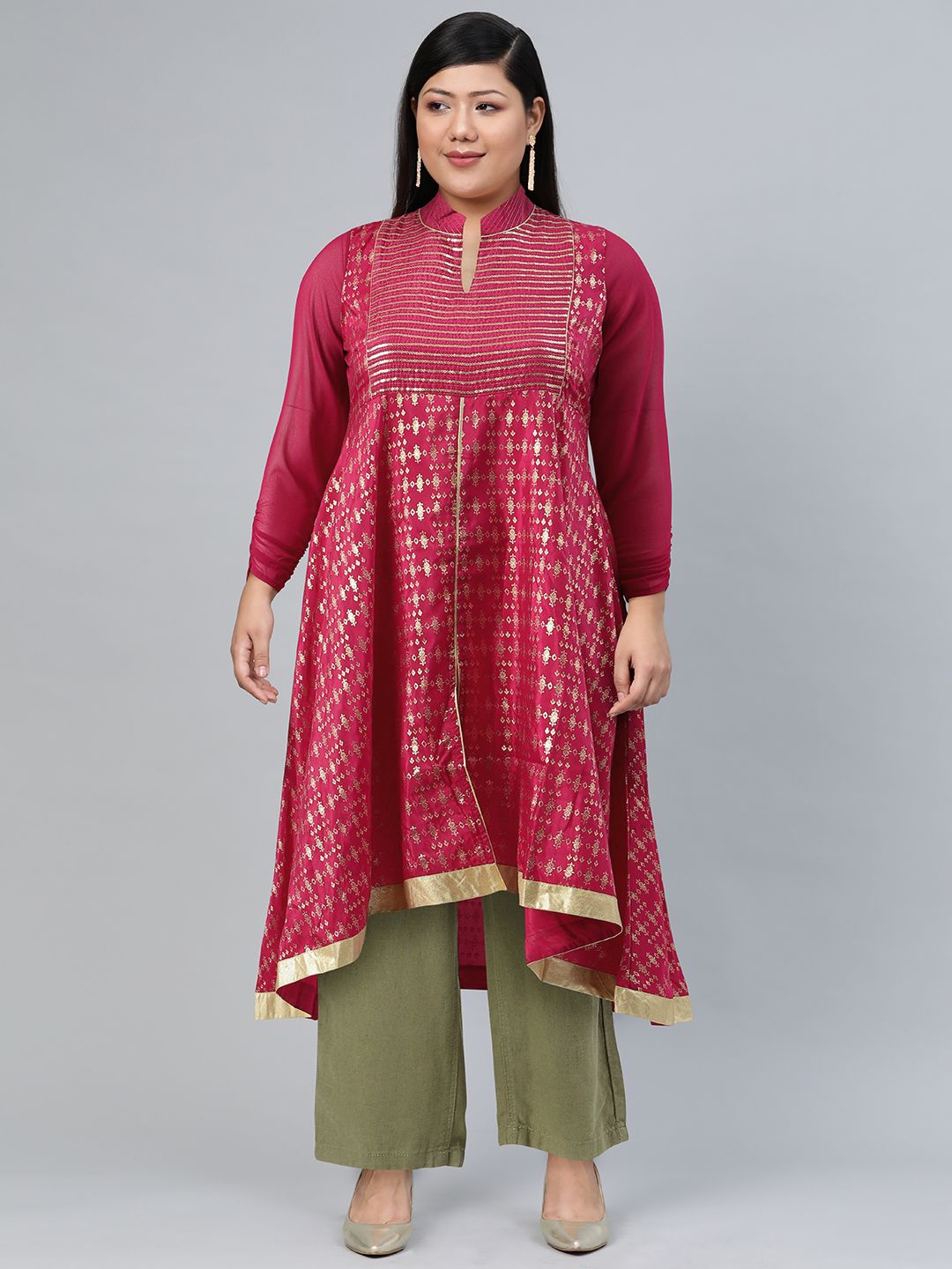 AURELIA Women Pink & Gold-Toned Ethnic Motifs Printed Kurta