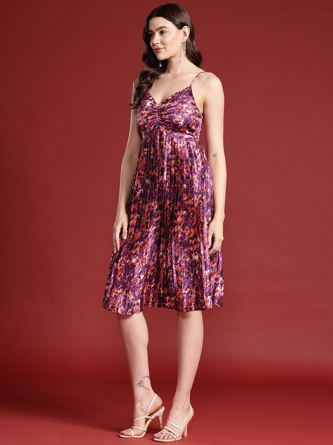 all about you Floral Print Accordion Pleated Ruched A-Line Dress