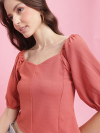 DressBerry Sweetheart Neck Puff Sleeve Textured Paneled Top