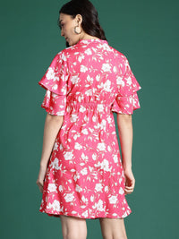 DressBerry Printed Tie-Up Neck Flared Sleeve Mini Dress