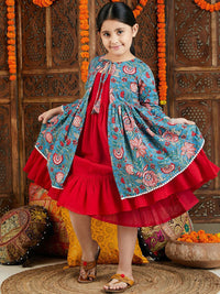 VASTRAMAY Girls Shoulder Straps Cotton Fit & Flare Dress With Floral Printed Shrug