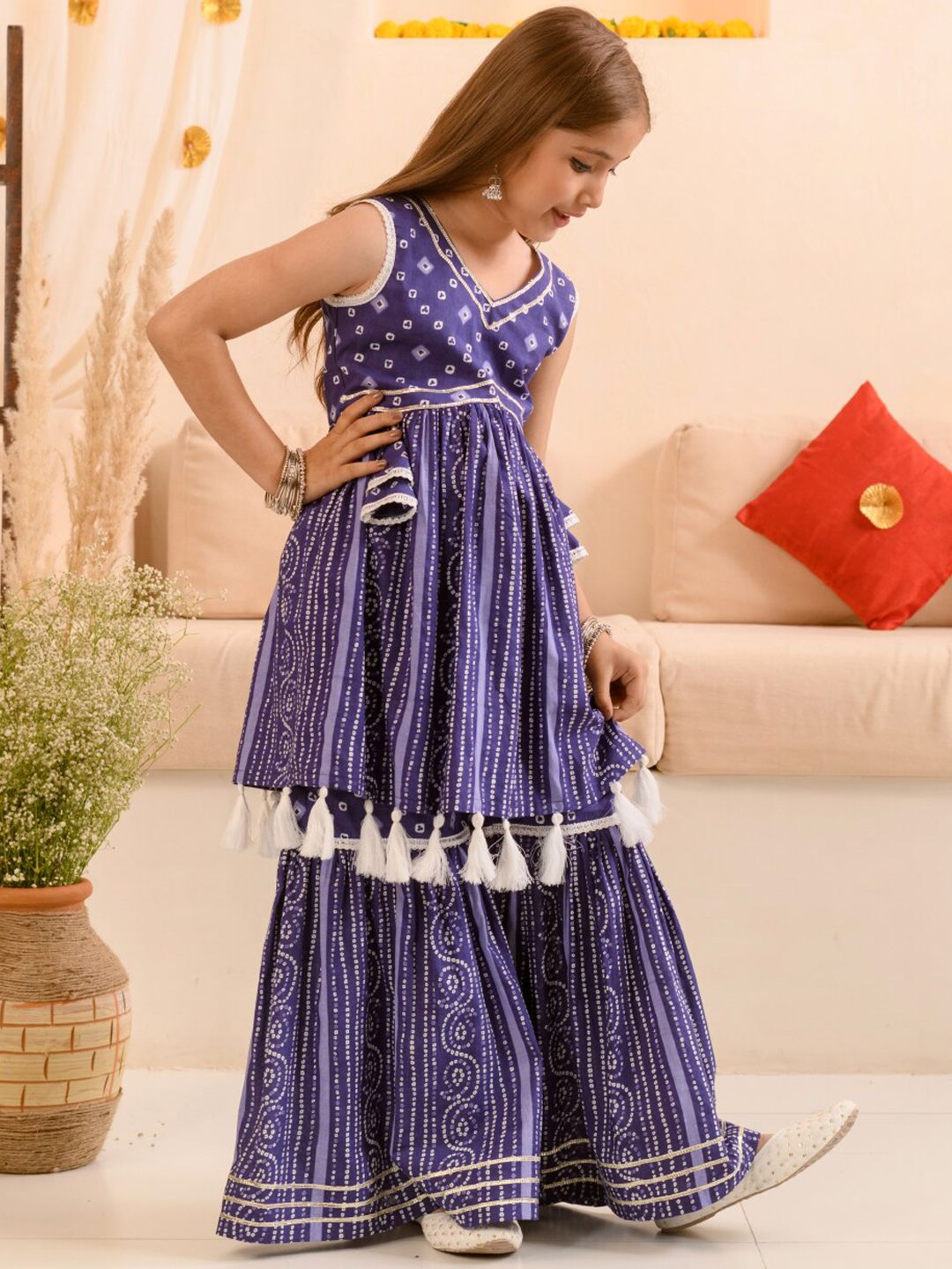 pspeaches Girls Bandhani Printed Pure Cotton Anarkali Kurta With Sharara