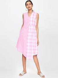 AND Women Pink & White Checked Fit and Flare Asymmetric Dress With gathered Pleated Detail
