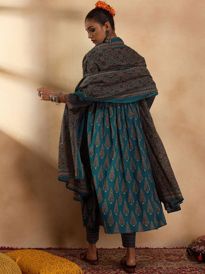 Indo Era Floral Printed Empire Pure Cotton A-Line Kurta with Trousers & Dupatta