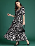 DressBerry Printed Fit & Flare Monochrome Maxi Dress