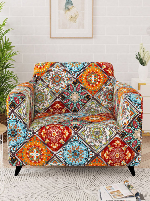 Story@home Orange & Yellow Printed 1 Seater Stretchable Sofa Cover With Arms