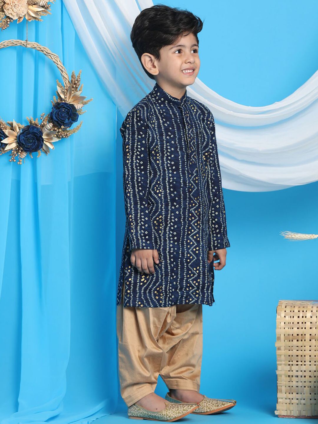 VASTRAMAY Boys Blue Bandhani Printed Kurta with Dhoti Pants