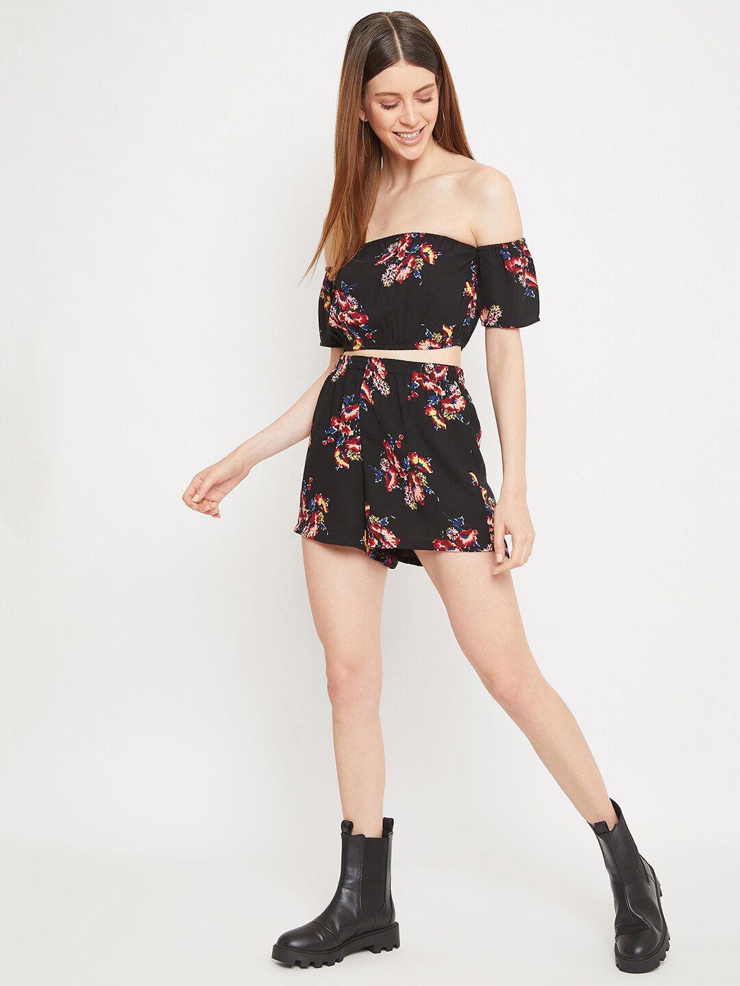 Berrylush Women Black & Red Printed Two-Piece