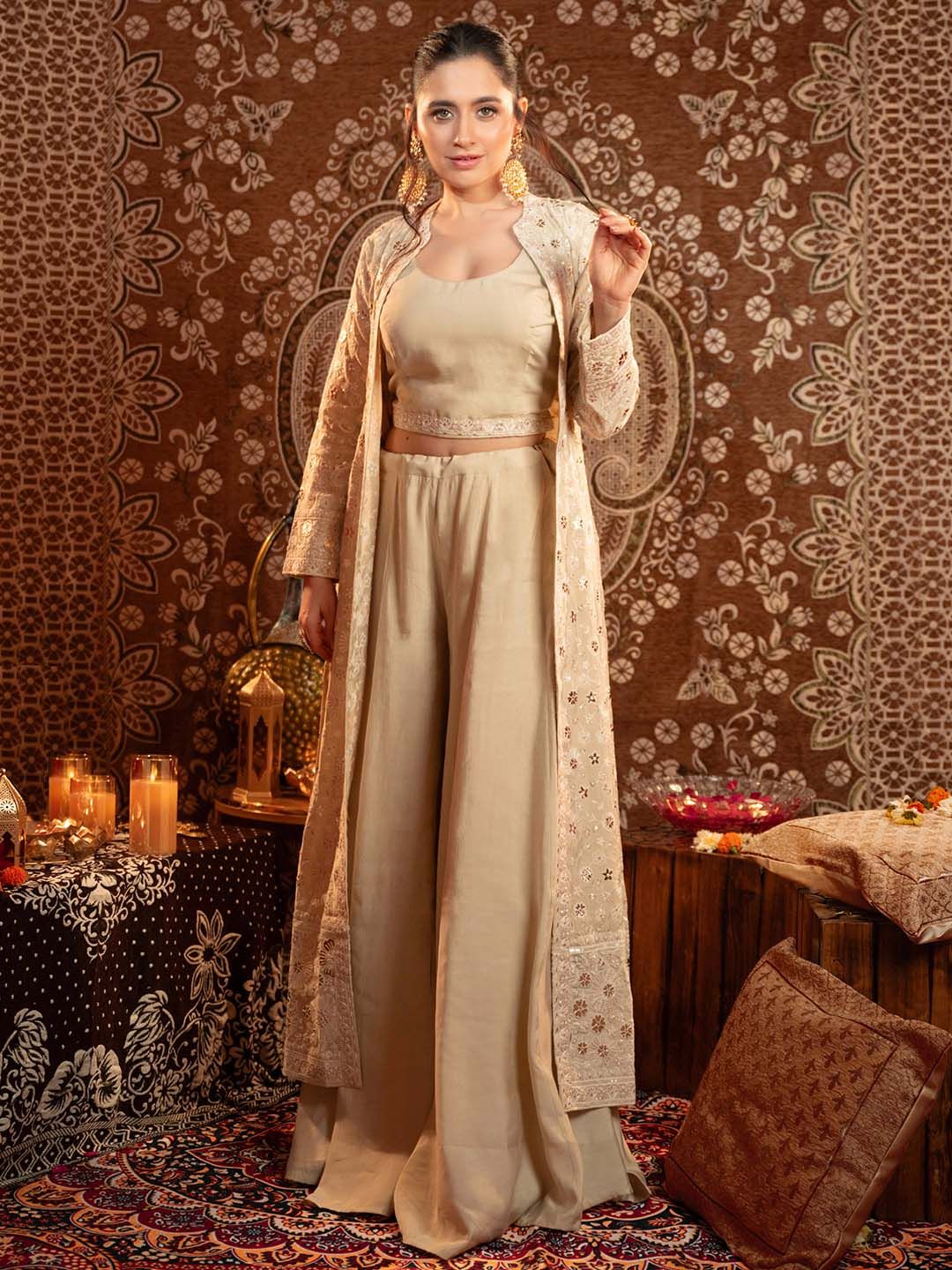 Libas Embroidered Sleeveless Top, Shrug & Palazzos Co-Ords