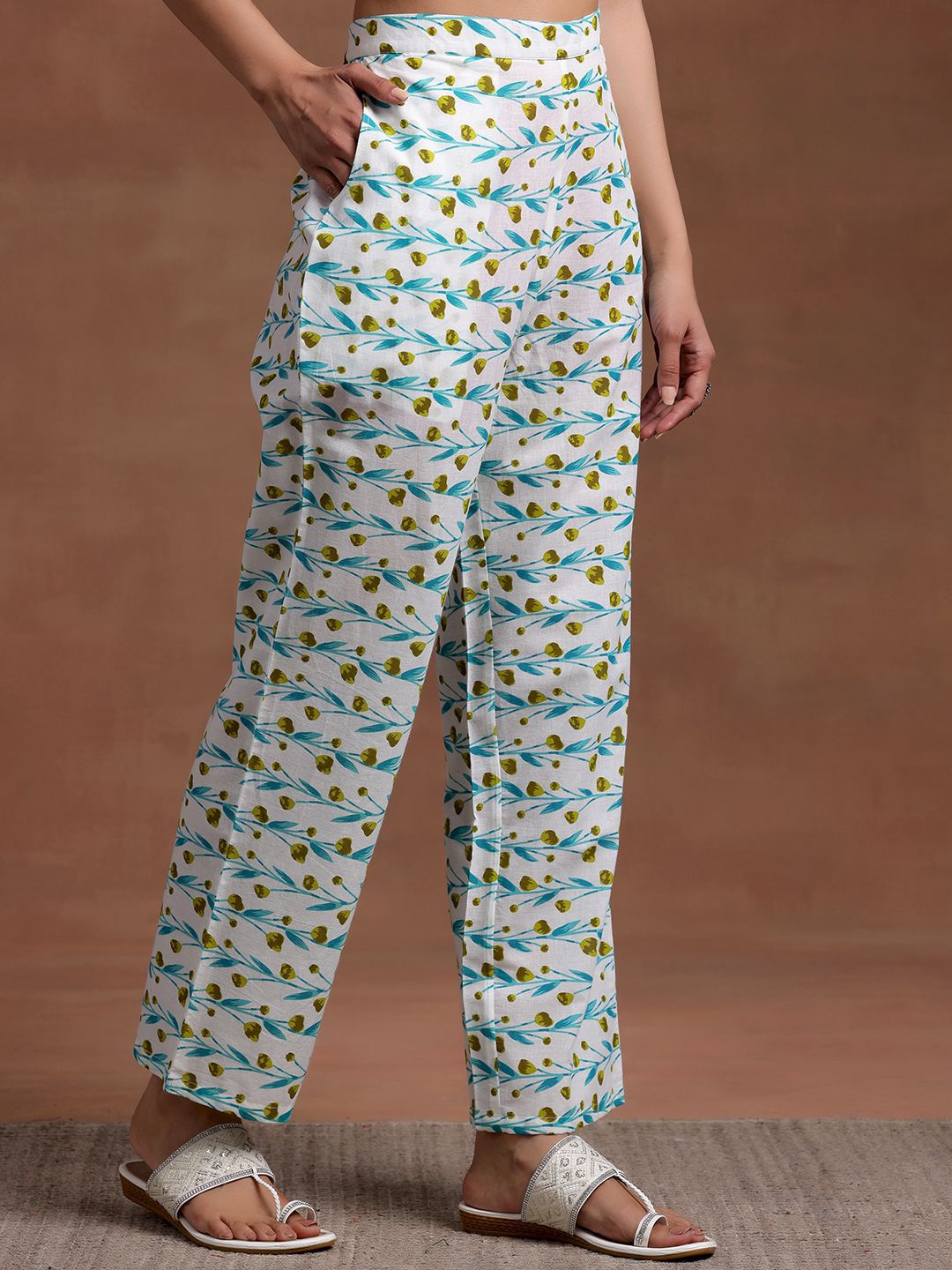 Libas V Neck Floral Printed Pleated Pure Cotton A Line Kurta with Palazzo & Dupatta