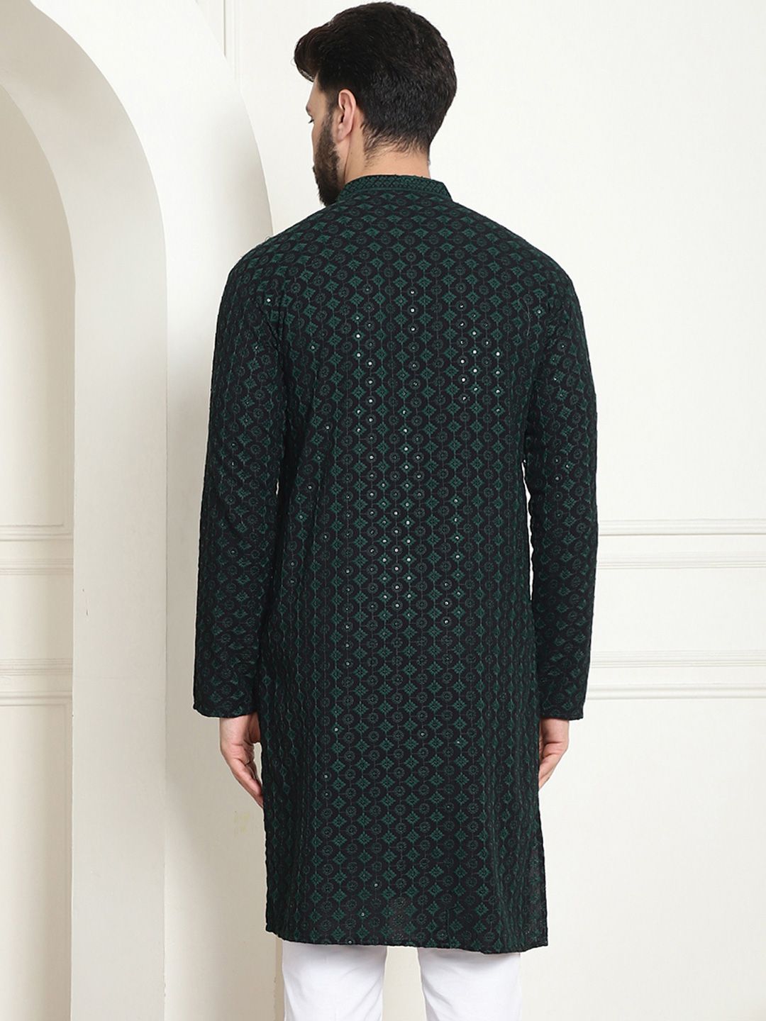 SOJANYA Ethnic Motifs Embroidered Mandarin Collar Sequined Pure Cotton Straight Kurta