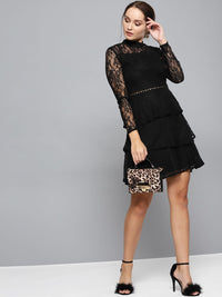 STREET 9 Women Black Floral Lace A-Line Dress