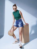 STREET 9 Green Polo Collar Slim Fit Crop T-shirt