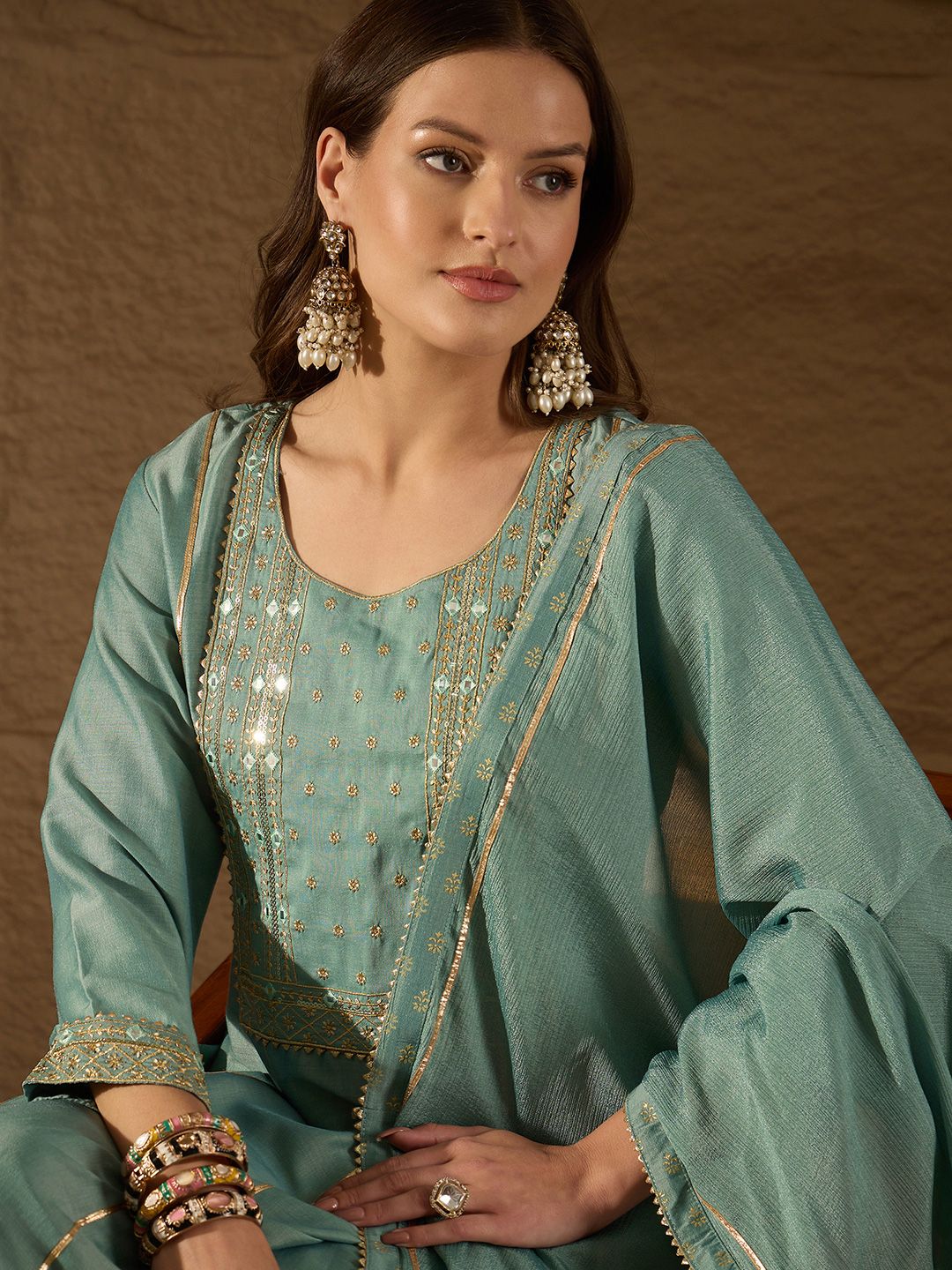 KALINI Ethnic Motifs Embroidered Panelled Kurta with Palazzos & With Dupatta