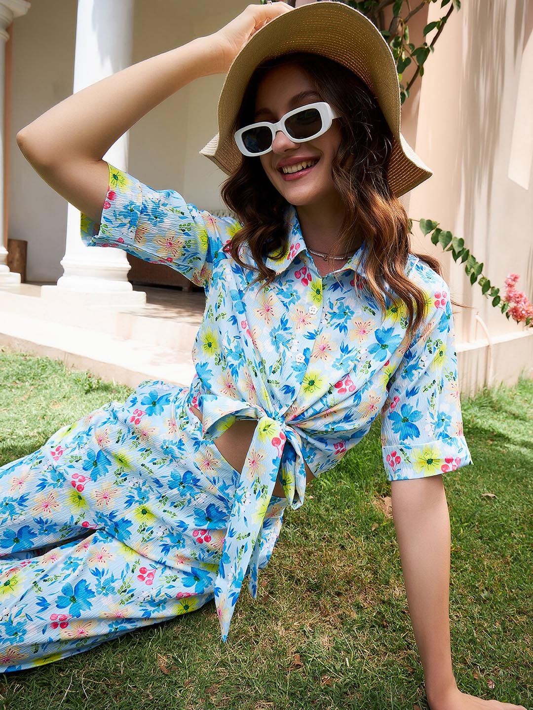 Athena Blue & Pink Printed Shirt and Trousers Co-Ords