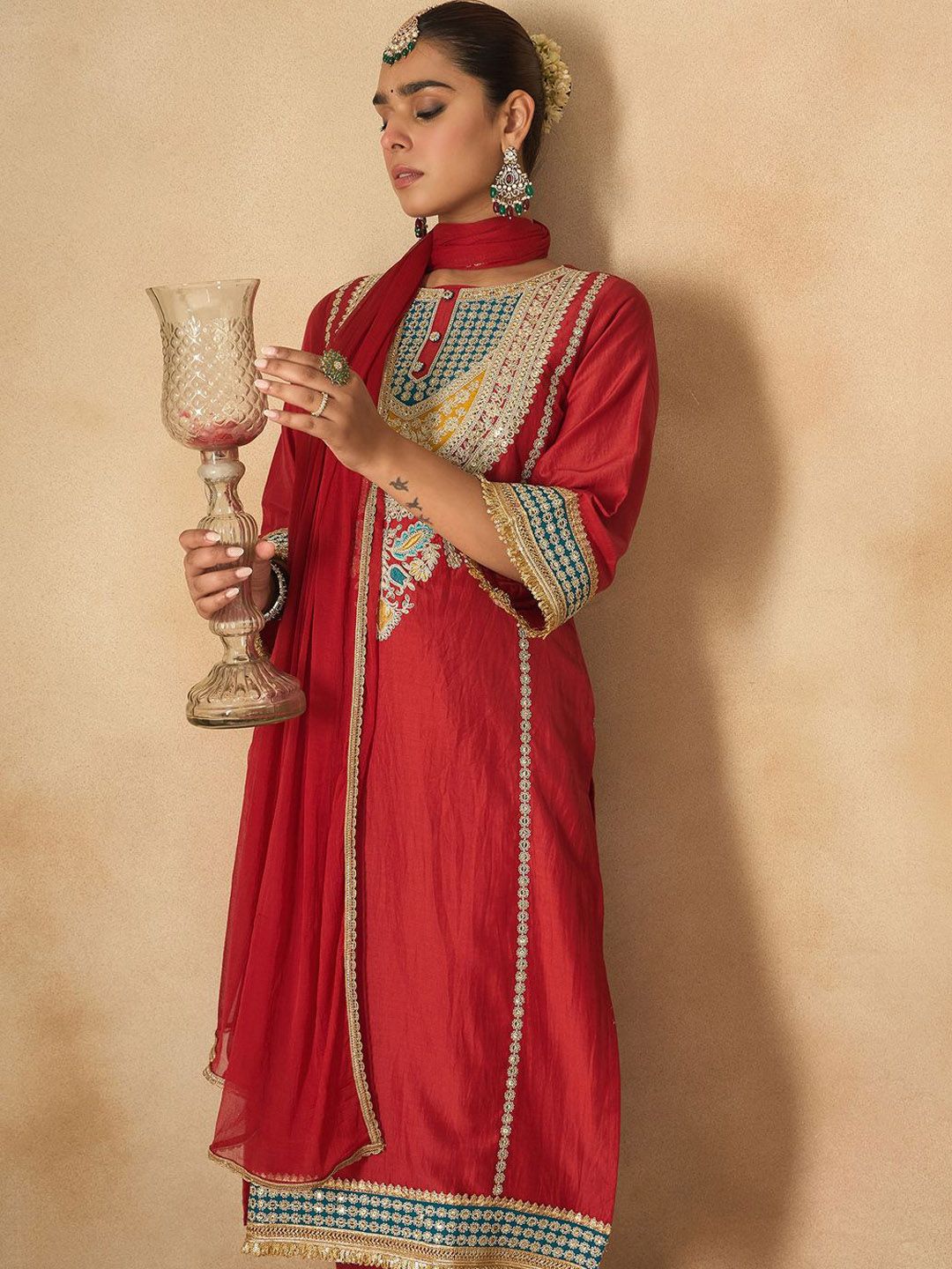 Indo Era Women Ethnic Motifs Embroidered Regular Kurta with Trousers & With Dupatta