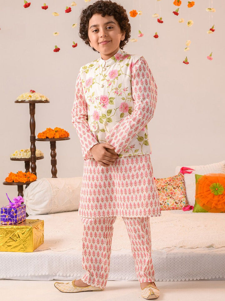 pspeaches Boys Floral Printed Regular Pure Cotton Kurta With Pyjamas & Nehru Jacket