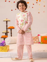 pspeaches Boys Floral Printed Regular Pure Cotton Kurta With Pyjamas & Nehru Jacket
