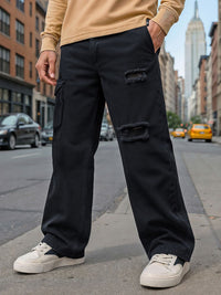 Bewakoof Men's Black Baggy Distressed Cargo Mid-Rise Jeans