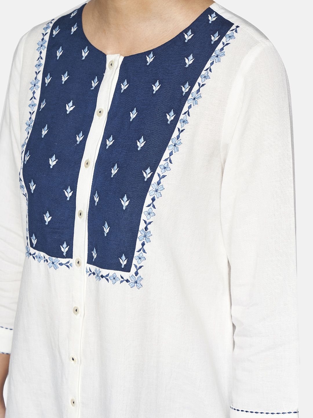 Global Desi White Embroidered Regular Longline Top