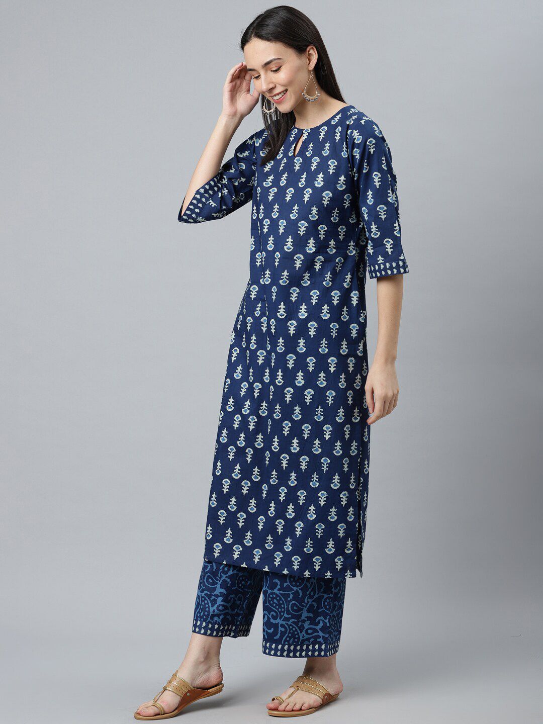 Libas Women Blue Ethnic Motifs Printed Pure Cotton Kurta with Palazzos & Dupatta