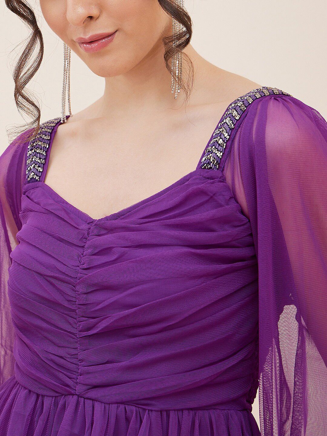 Antheaa Puff Sleeve Layered Net Fit & Flare Dress