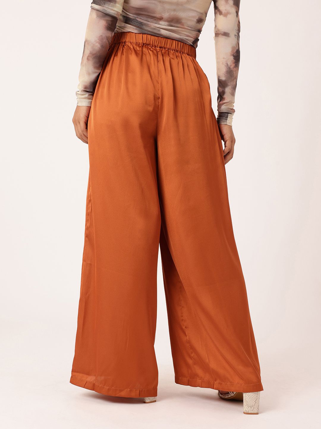 DressBerry Women Burnt Orange Glossy Grace Wide Leg Trousers