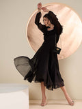 Antheaa Embellished Puff Sleeve frilled Fit and Flare Midi Dress