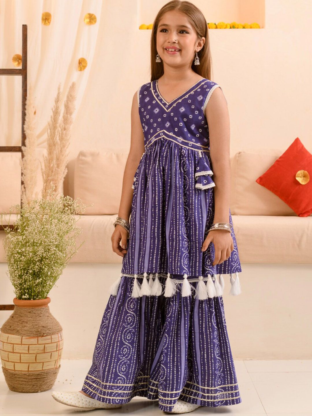 pspeaches Girls Ethnic Motifs Printed Regular Pure Cotton Kurti with Sharara