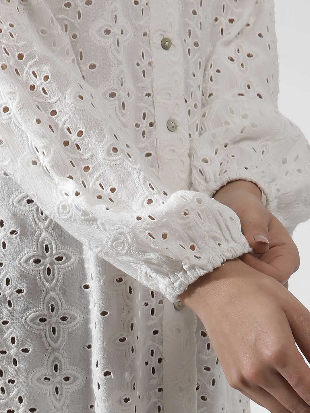 W Self Design Mandarin Collar Puffed Sleeves Shirt Style Top