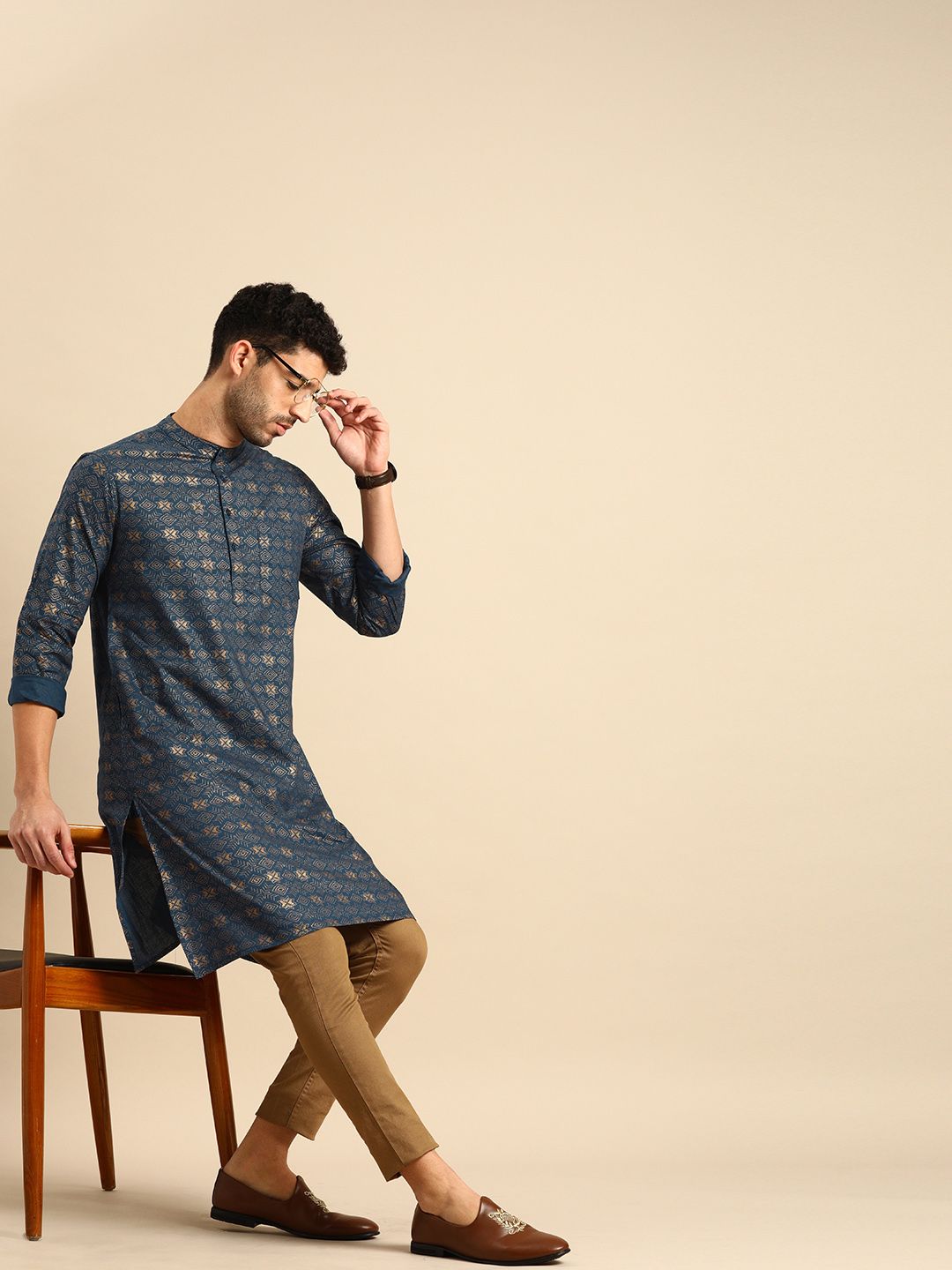 Anouk Men Navy Blue & Gold-Toned Printed Kurta