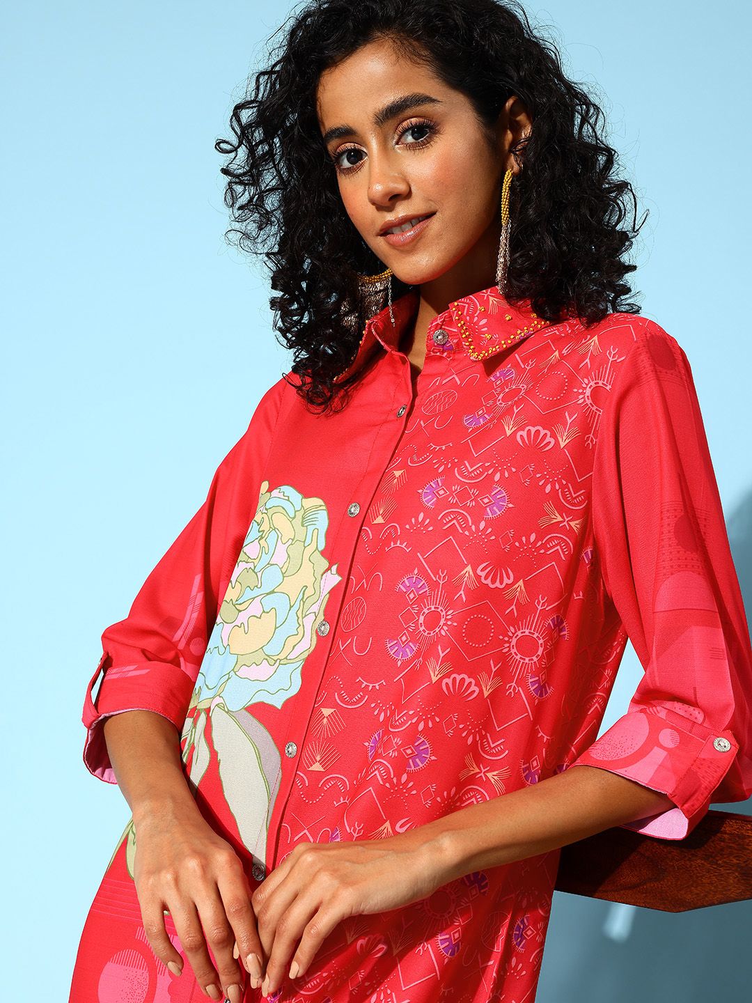 Indo Era Floral Print Shirt Midi Dress