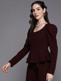 SASSAFRAS Burgundy Solid Shimmer Puff Sleeves Peplum Top