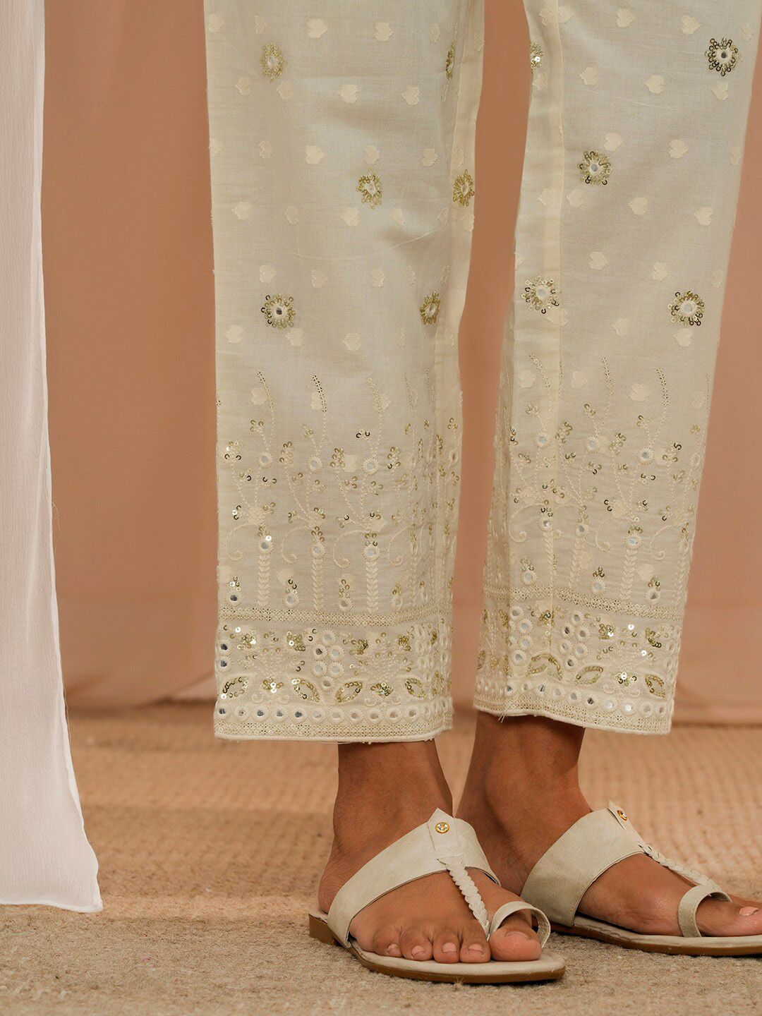 Libas Floral Embroidered Regular Sequinned Pure Cotton Kurta With Trousers & Dupatta