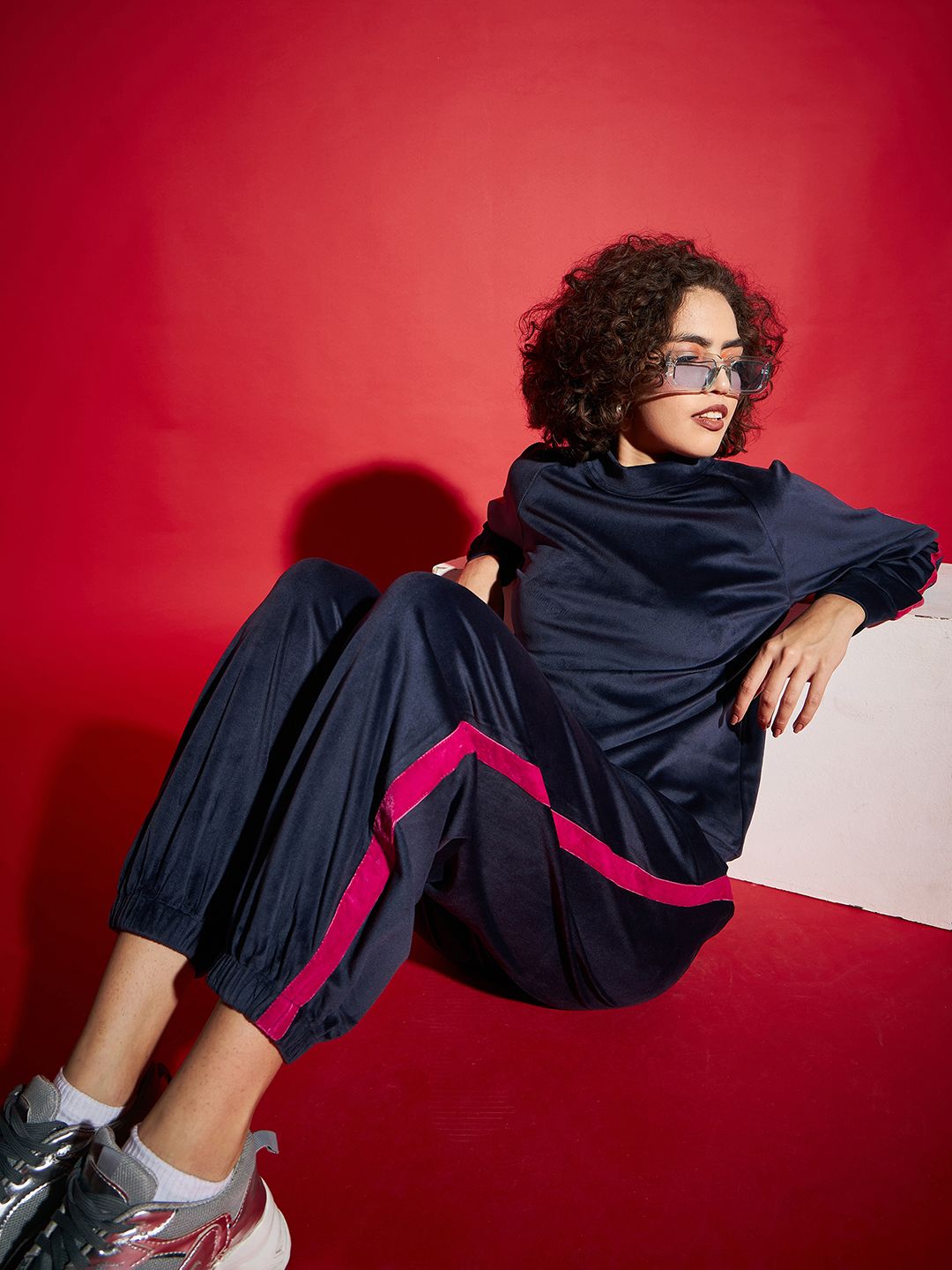 SASSAFRAS Navy Blue Velvet Tape Detail Sweatshirt With Joggers