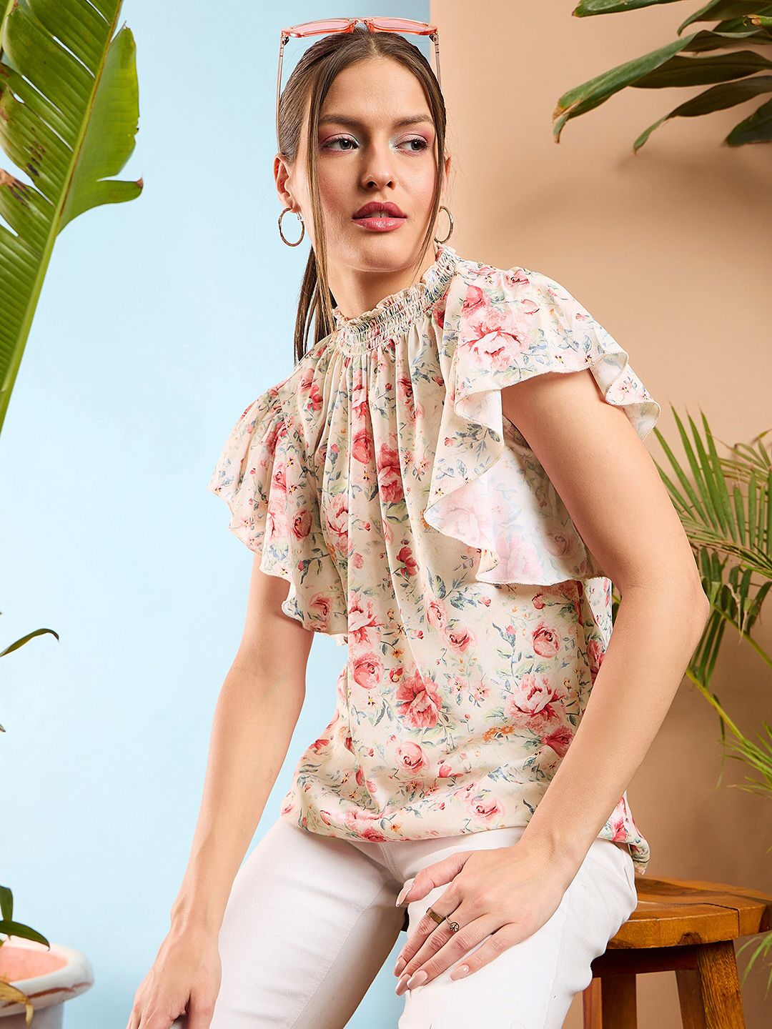 SASSAFRAS Floral Print Flared Sleeve Smocked Top