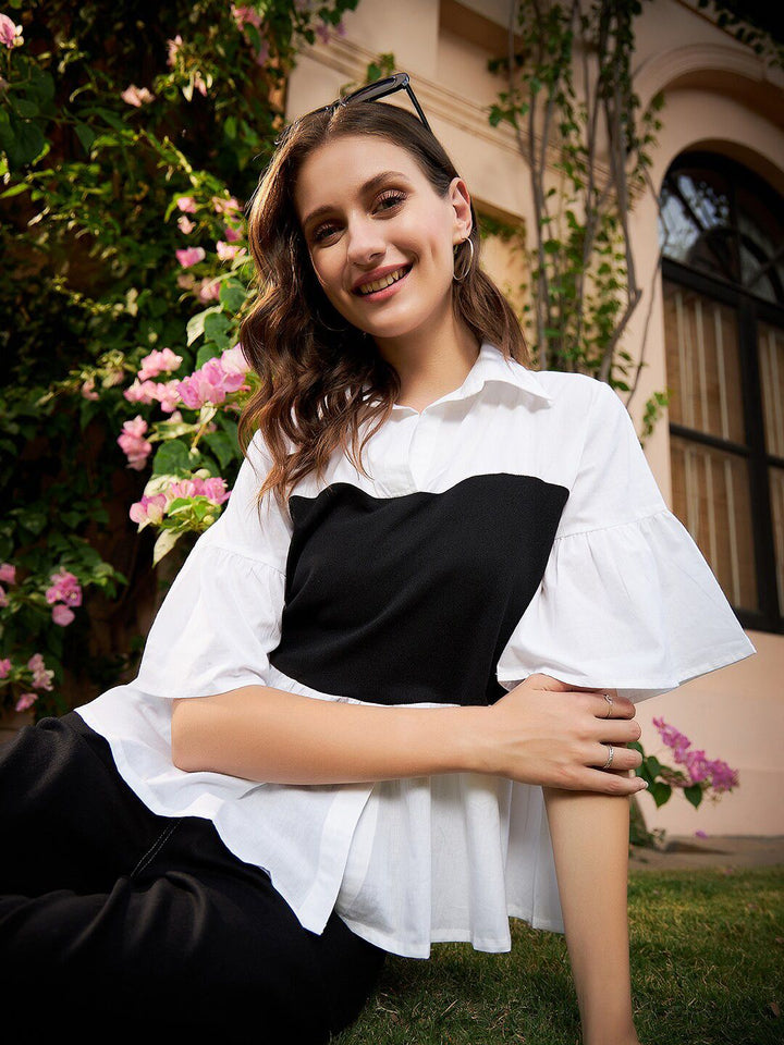 Athena White & Black Colourblocked Pure Cotton Peplum Top