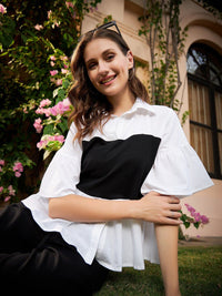 Athena White & Black Colourblocked Pure Cotton Peplum Top