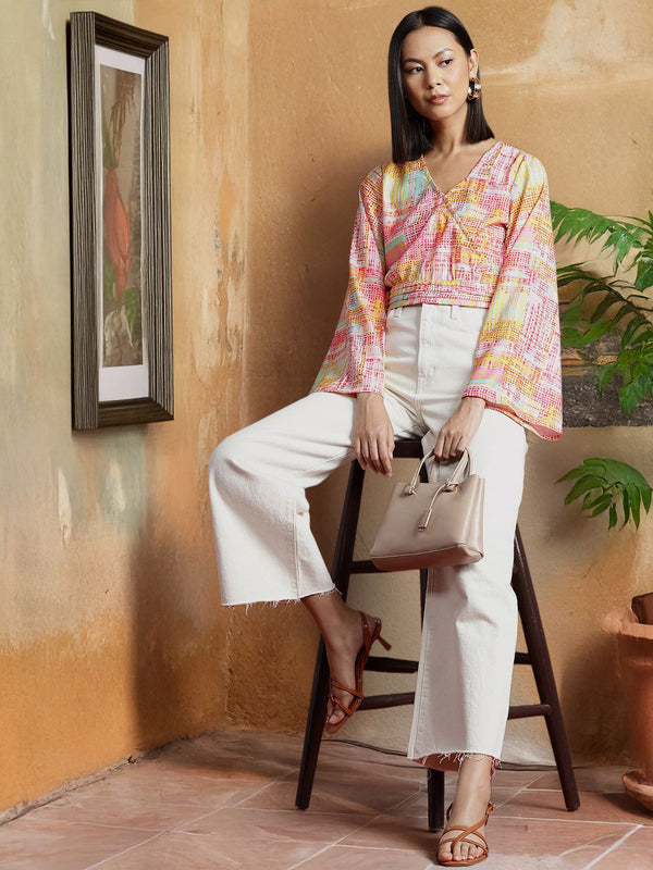 all about you Geometric Print Flared Sleeve Wrap Crop Top