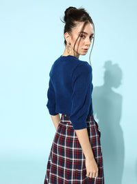 STREET 9 Women Blue Cable Knit Acrylic Crop Pullover