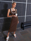 SASSAFRAS Brown Square Neck Sheath Midi Dress