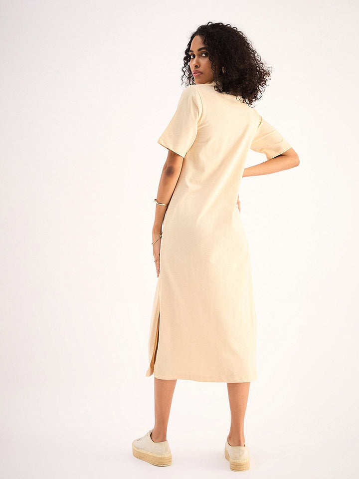 SASSAFRAS BASICS Beige Shirt Collar Pure Cotton Oversized T-shirt Midi Dress